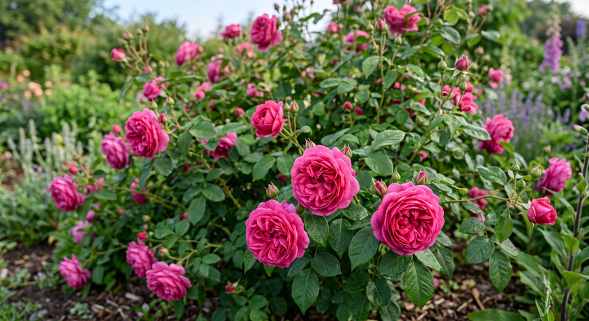 A bush of blooming pink garden roses