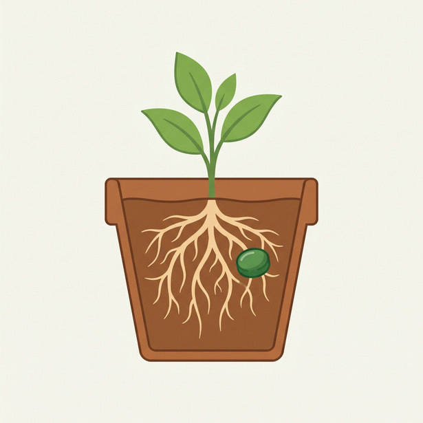 Illustration of a TABCOTE tablet placed in the soil near plant roots