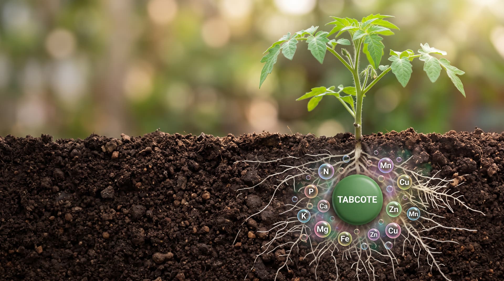 Diagram of a TABCOTE tablet feeding the roots of a young tomato plant underground