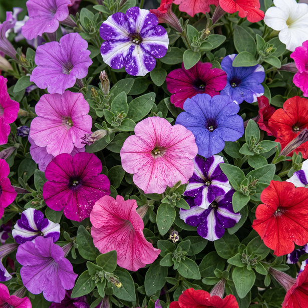 Purple and pink petunia blooms in full flower