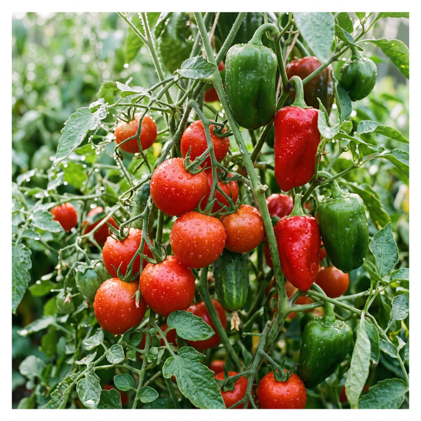 Ripening red tomatoes and peppers on healthy plants