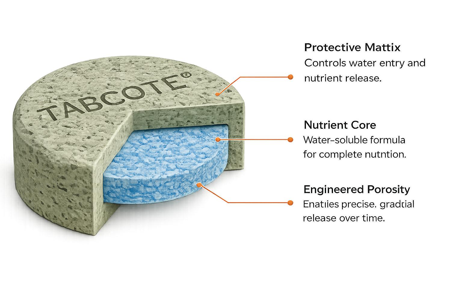 Cutaway of a TABCOTE tablet showing the protective matrix, nutrient core and engineered porosity