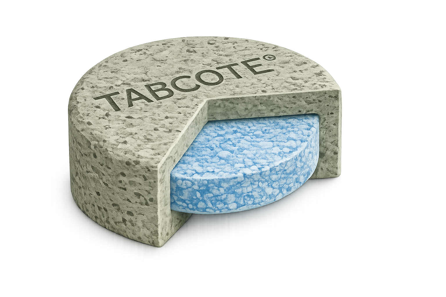 Cutaway TABCOTE tablet revealing the blue nutrient core
