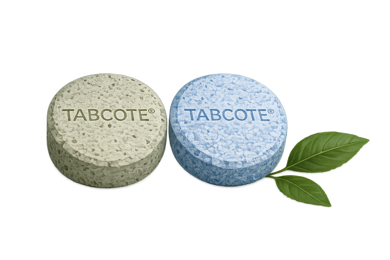 Two TABCOTE tablets, one tan and one blue, embossed with the TABCOTE name